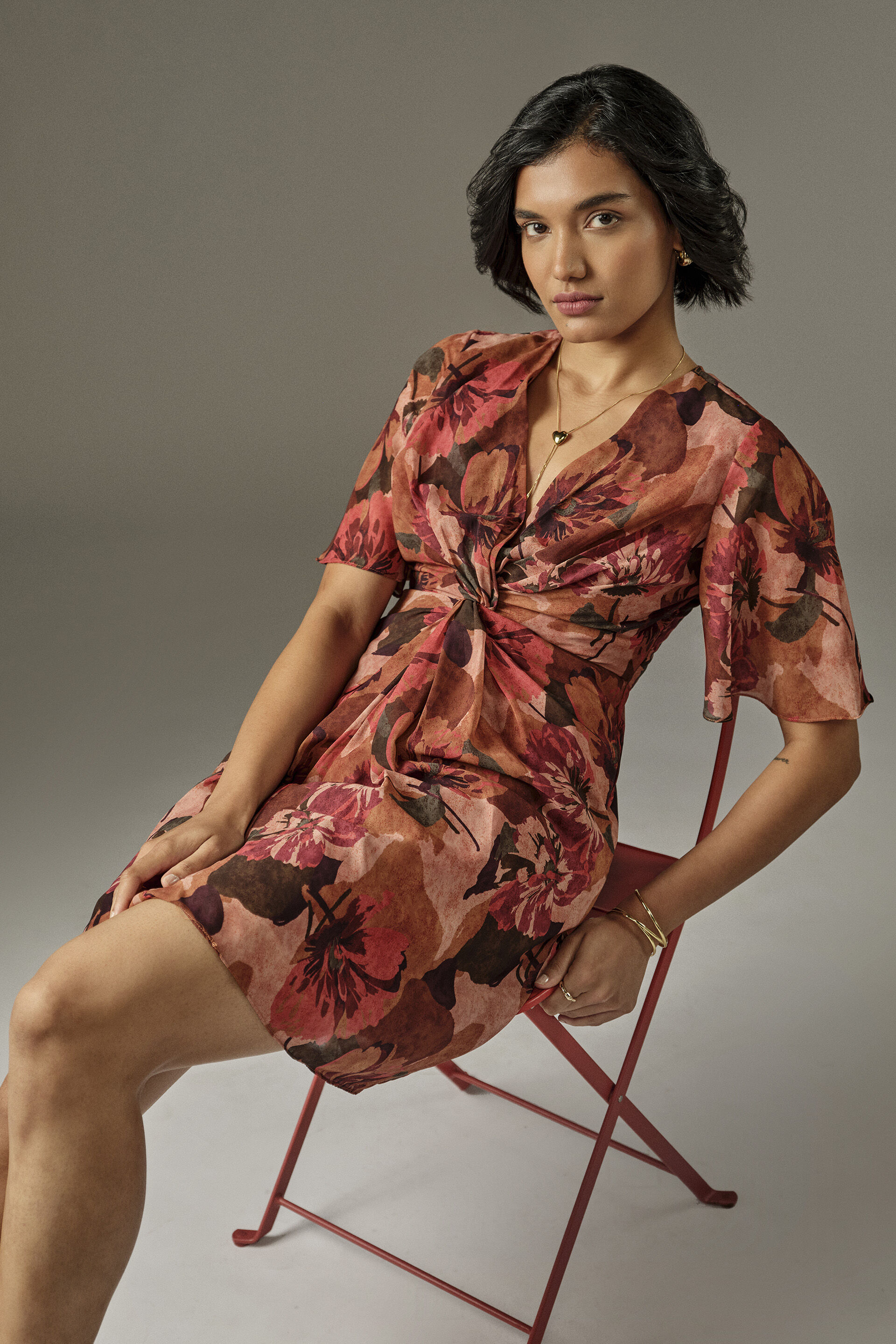 Twist Detail Floral Mini Dress in Orange, Orange, image 4